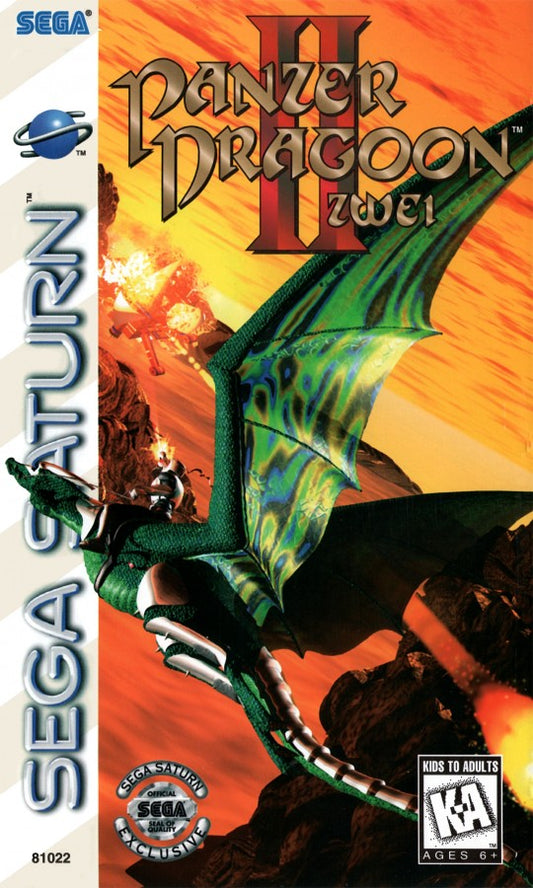 Panzer Dragoon II Zwei Sega Saturn rail shooter fantasy sci fi dragon riding combat cinematic aerial battles lock on targeting Sega atmospheric storytelling prequel to Panzer Dragoon retro gaming Sega Saturn software video game title cover art