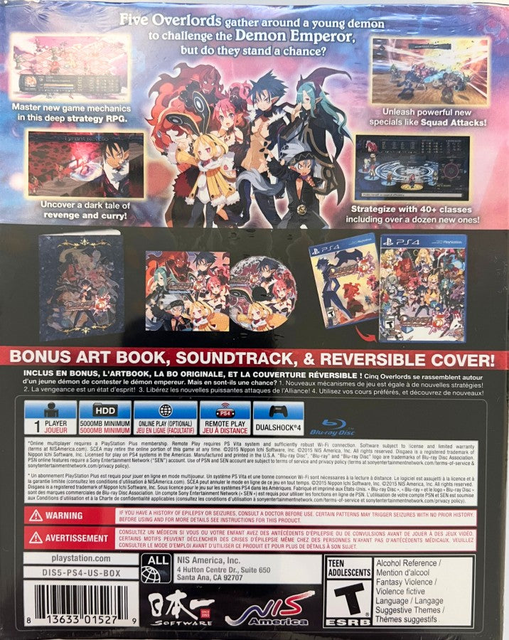 Disgaea 5 Alliance of Vengeance retro PlayStation 4 video game featuring tactical strategy RPG combat, anime style characters, turn based battles and fantasy adventure gameplay - back of case