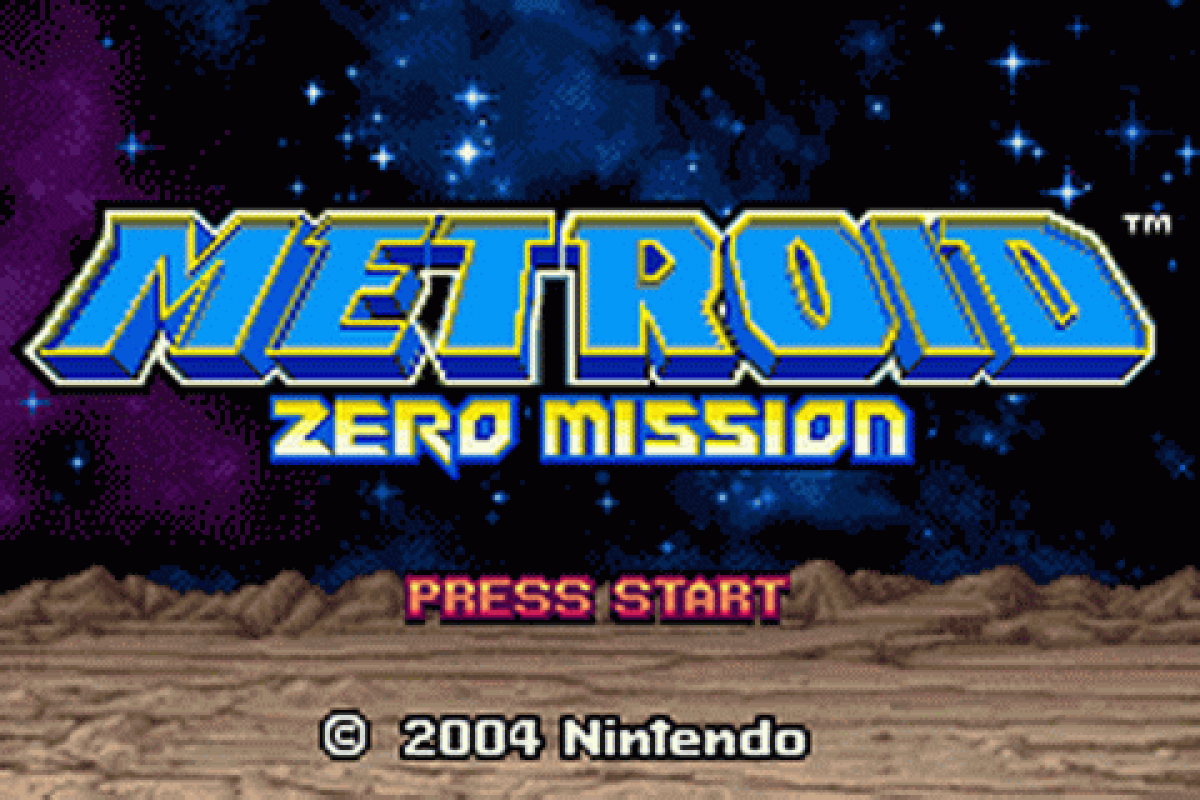 Metroid: Zero Mission action-adventure retro video game cartridge for Nintendo Game Boy Advance (GBA), featuring bounty hunter Samus Aran start screen