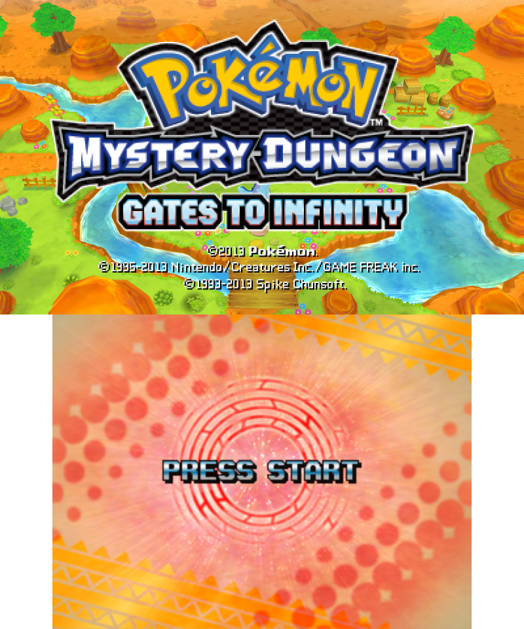Pokémon Mystery Dungeon: Gates to Infinity start screen for Nintendo 3DS (3DS) dungeon crawler role-playing video game