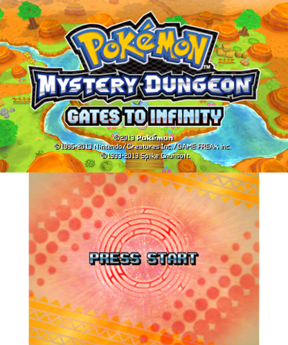 Pokémon Mystery Dungeon: Gates to Infinity start screen for Nintendo 3DS (3DS) dungeon crawler role-playing video game
