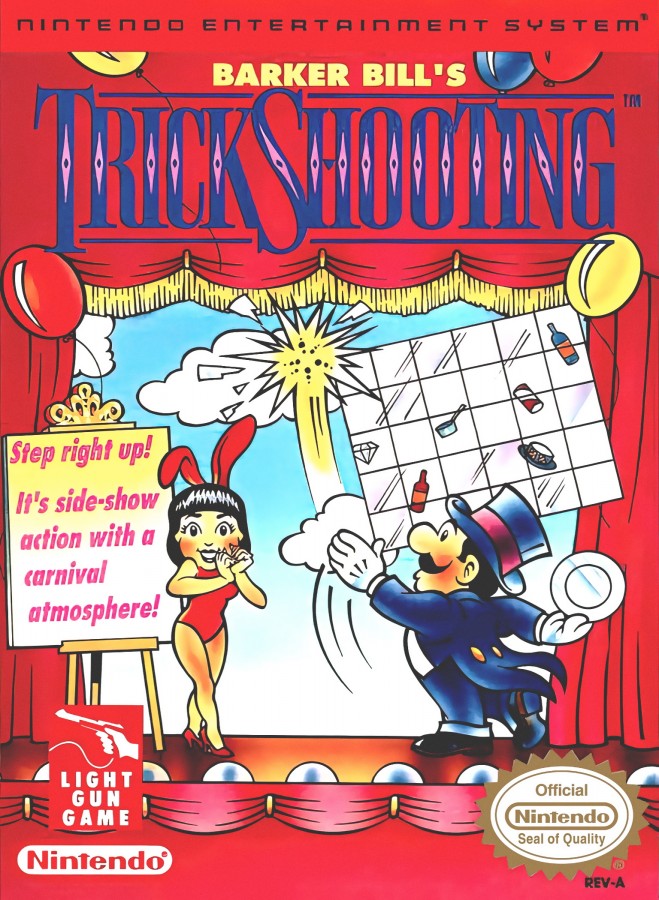 Barker Bill's Trick Shooting Nintendo Entertainment System NES video game featuring shooting gallery gameplay target shooting mini games carnival challenges light gun action cartoon characters and classic 8 bit gameplay retro video game collection collectible gaming appeal front cover art