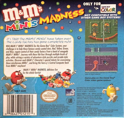 M&M Mini's Madness Game Boy Color GBC puzzle action video game featuring colorful M&M's characters fast-paced challenges maze-style gameplay collectible items obstacles entertaining levels and classic Game Boy Color GBC gaming collectible retro gaming appeal back cover art