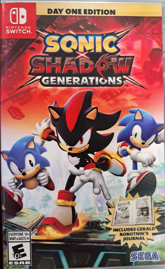 Sonic X Shadow Generations Nintendo Switch inspired design featuring high speed platform adventure aesthetic iconic Sonic and Shadow gameplay thrilling time spanning stages fast paced action vibrant worlds enhanced visuals and legendary Sega character excitement presentation front cover