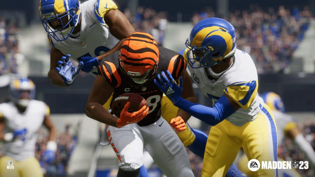 Madden NFL 23 PlayStation 5 PS5 video game featuring American football simulation gameplay NFL teams and players realistic football action passing rushing tackling defensive plays franchise mode competitive multiplayer and classic PlayStation 5 sports gaming retro video game collection collectible gaming appeal gameplay