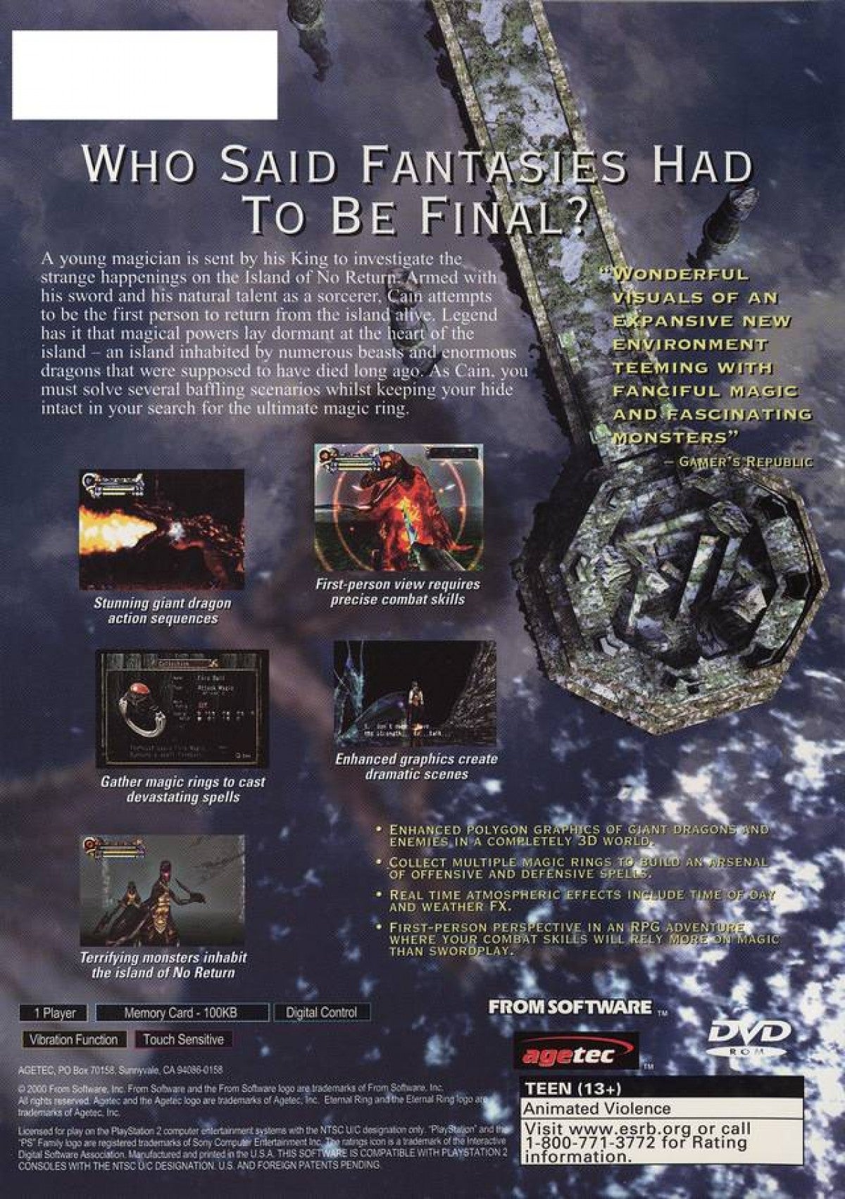 Eternal Ring PS2 Sony PlayStation 2 action RPG first person dungeon crawler fantasy magic ring system weapon crafting exploration combat FromSoftware early RPG title retro gaming PlayStation 2 software video game title back cover art