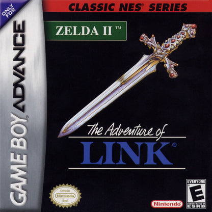 Zelda II The Adventure of Link Classic NES Series for Game Boy Advance (GBA), cover image for a retro video game featuring action role-playing gameplay, side-scrolling combat, dungeon exploration, fantasy adventure, and classic Nintendo action