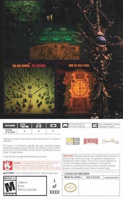 Inscryption Nintendo Switch inspired design featuring dark roguelike card battling adventure aesthetic mysterious cabin setting strategic deck building psychological horror elements immersive puzzles eerie atmosphere and narrative driven gameplay presentation back cover