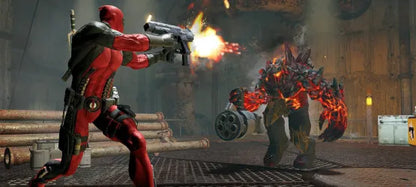 Deadpool PS4 inspired design featuring comic book action adventure aesthetic fourth wall breaking humor chaotic hack and slash combat Marvel antihero gameplay over the top violence cinematic superhero action nostalgic presentation gameplay