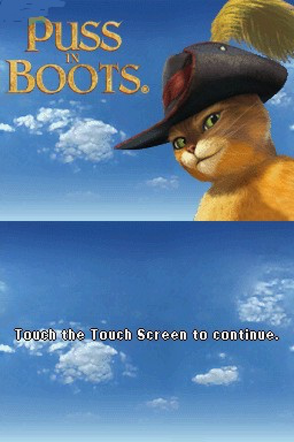 Puss in Boots start screen for Nintendo DS (DS) animated movie-based adventure video game