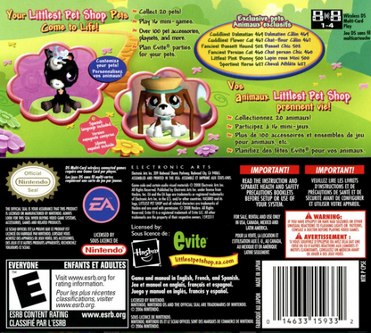 Littlest Pet Shop Garden for Nintendo DS (DS), back of case for a retro video game featuring pet care simulation gameplay, garden-themed mini-games, animal customization, puzzle challenges, and family-friendly adventure activities