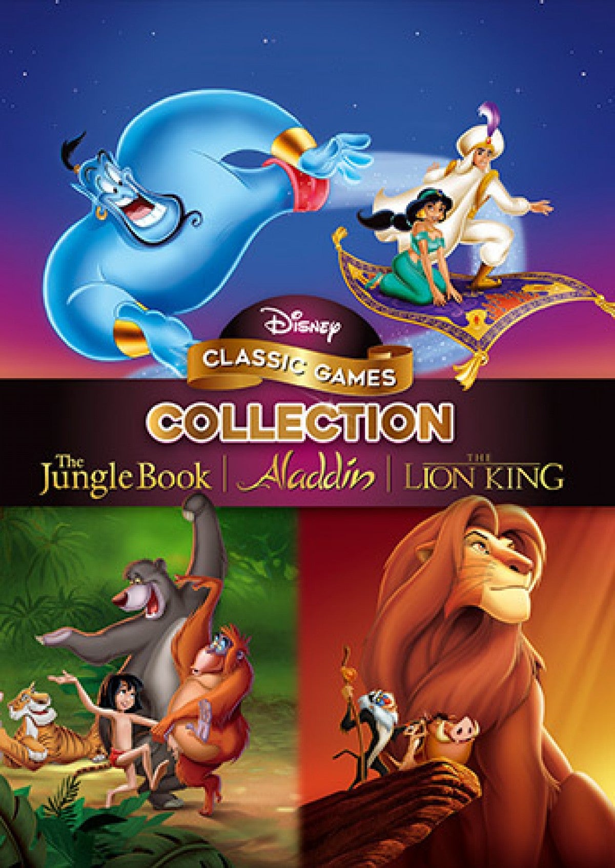 Disney Classic Games The Jungle Book Aladdin and The Lion King Xbox One for action platforming video game fans featuring three beloved Disney adventures enhanced classic gameplay multiple game versions rewind and save features vibrant animated worlds nostalgic retro gaming and collectible gaming appeal front cover art