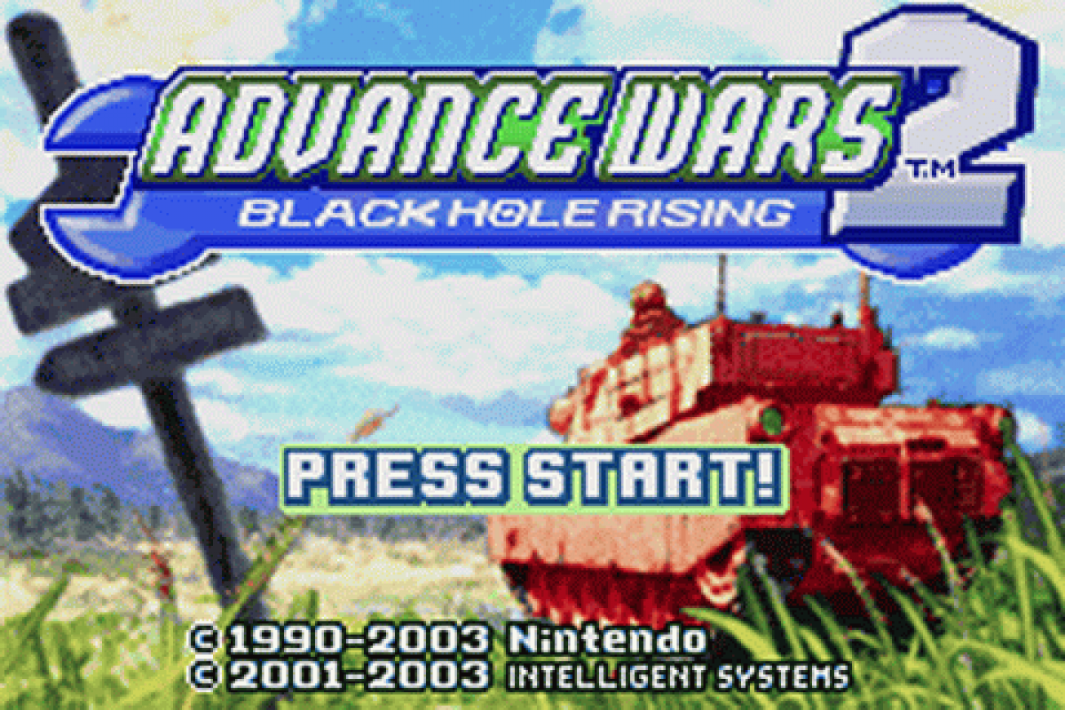 Advance Wars 2: Black Hole Rising [CIB] for Game Boy Advance (GBA) featuring addictive turn-based strategy battles where you command armies across varied maps and outsmart the Black Hole invasion; use unique CO powers, build units, and master terrain tactics in one of the GBA’s defining tactical classics, complete in box for collectors main menu title screen