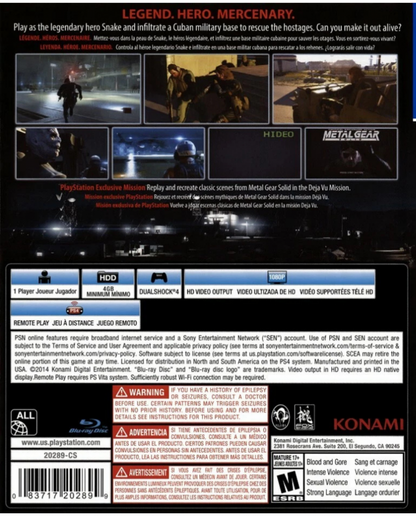 Metal Gear Solid V Ground Zeroes PlayStation 4 PS4 for action stealth video game fans featuring tactical espionage gameplay open world infiltration missions stealth combat realistic environments advanced weapons cinematic storytelling Snake character operations and immersive military adventure collectible gaming appeal back cover art