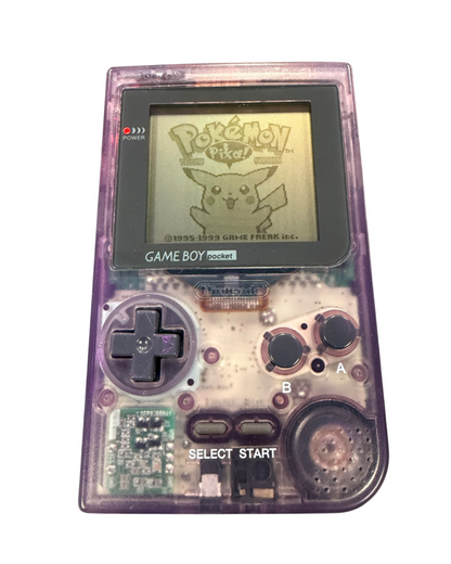 Game Boy Pocket Atomic Purple Nintendo handheld console with translucent purple shell compact portable system monochrome screen cartridge based retro gaming device 