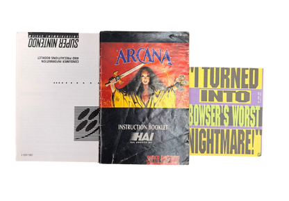 Arcana Super Nintendo SNES retro video game featuring classic fantasy RPG gameplay turn based combat dungeon exploration magic spells and strategic battles. Arcana SNES role playing adventure with collectible retro gaming appeal for Super Nintendo fans and RPG enthusiasts manuals