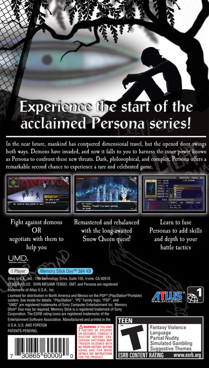 Shin Megami Tensei: Persona cartridge for the PlayStation Portable featuring turn based RPG gameplay with social simulation elements demon summoning and strategic battles in a modern Japanese high school setting back cover