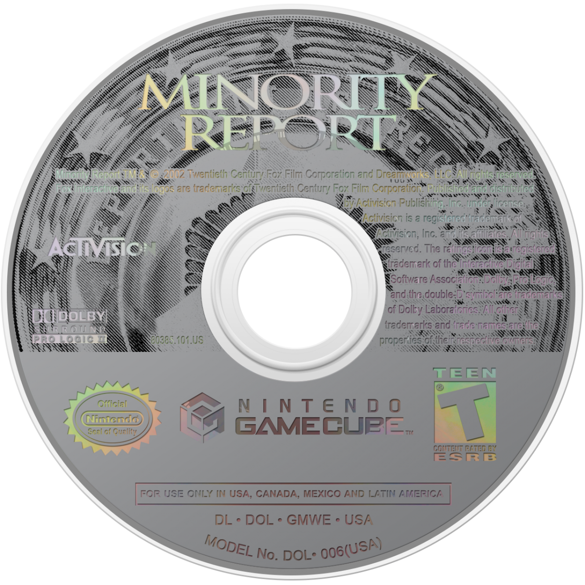 Minority Report Everybody Runs for GameCube featuring action adventure gameplay based on the sci fi film disc