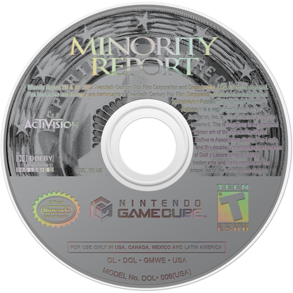 Minority Report Everybody Runs for GameCube featuring action adventure gameplay based on the sci fi film disc