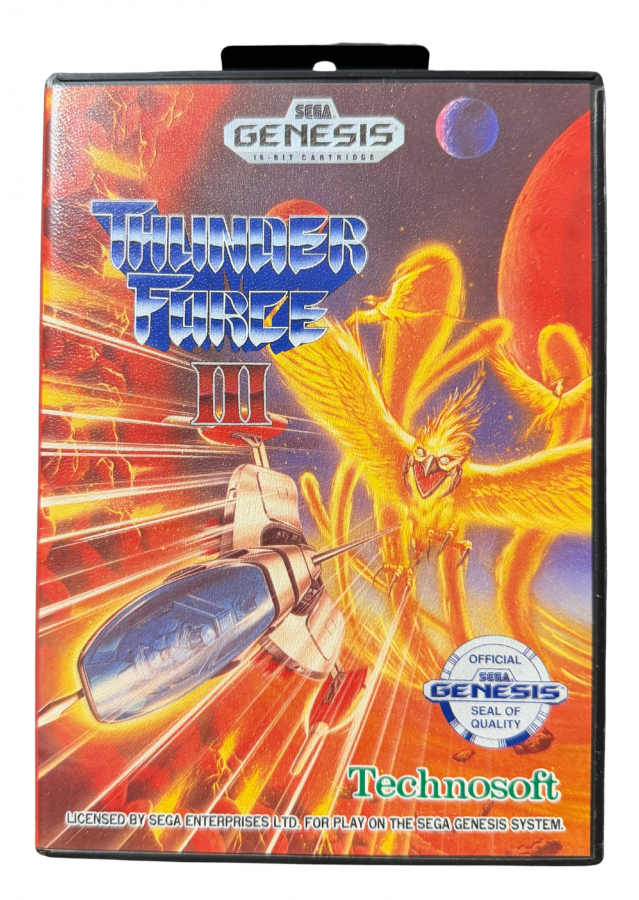 Thunder Force III Sega Genesis video game cartridge classic 16 bit shoot em up action game for retro gaming collectors Sega fans vintage video game enthusiasts Genesis game collection and classic gaming fans front cover art