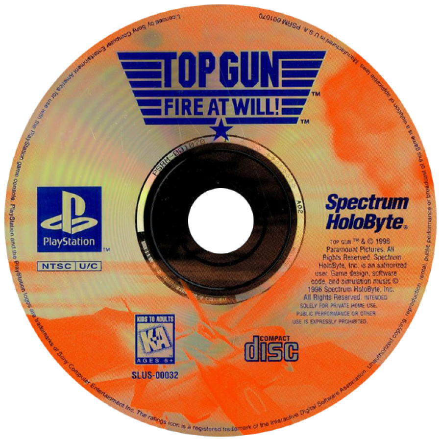 Top Gun Fire at Will PS1 PlayStation 1 flight combat simulator arcade jet fighter dogfighting action game retro video game disc