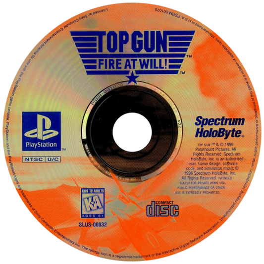 Top Gun Fire at Will PS1 PlayStation 1 flight combat simulator arcade jet fighter dogfighting action game retro video game disc