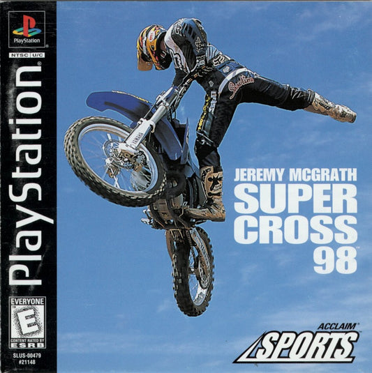 Jeremy McGrath Supercross 98 PlayStation PS1 for motocross racing video game fans featuring off road motorcycle racing realistic supercross tracks high speed competition championship modes trick riding authentic motocross action multiplayer gameplay collectible gaming appeal front cover art