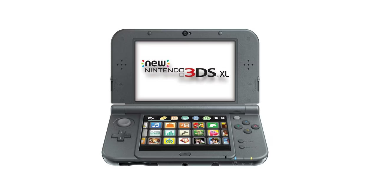 Grey New Nintendo 3DS XL inspired design featuring premium handheld gaming console aesthetic metallic gray finish larger dual screens enhanced processing power portable Nintendo gaming experience glasses free 3D technology presentation