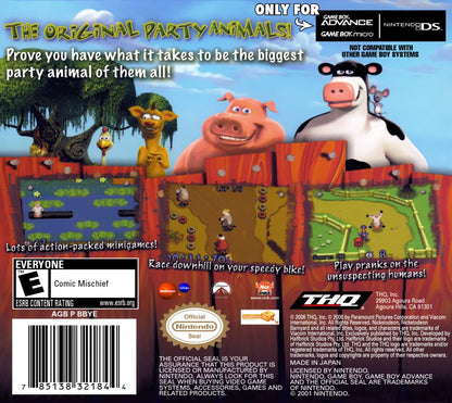 Barnyard Game Boy Advance GBA back of case for retro video game enthusiasts featuring farm themed adventure gameplay mini game collections open farm exploration animal character activities lighthearted story missions and portable handheld casual gaming experience and collectible gaming appeal