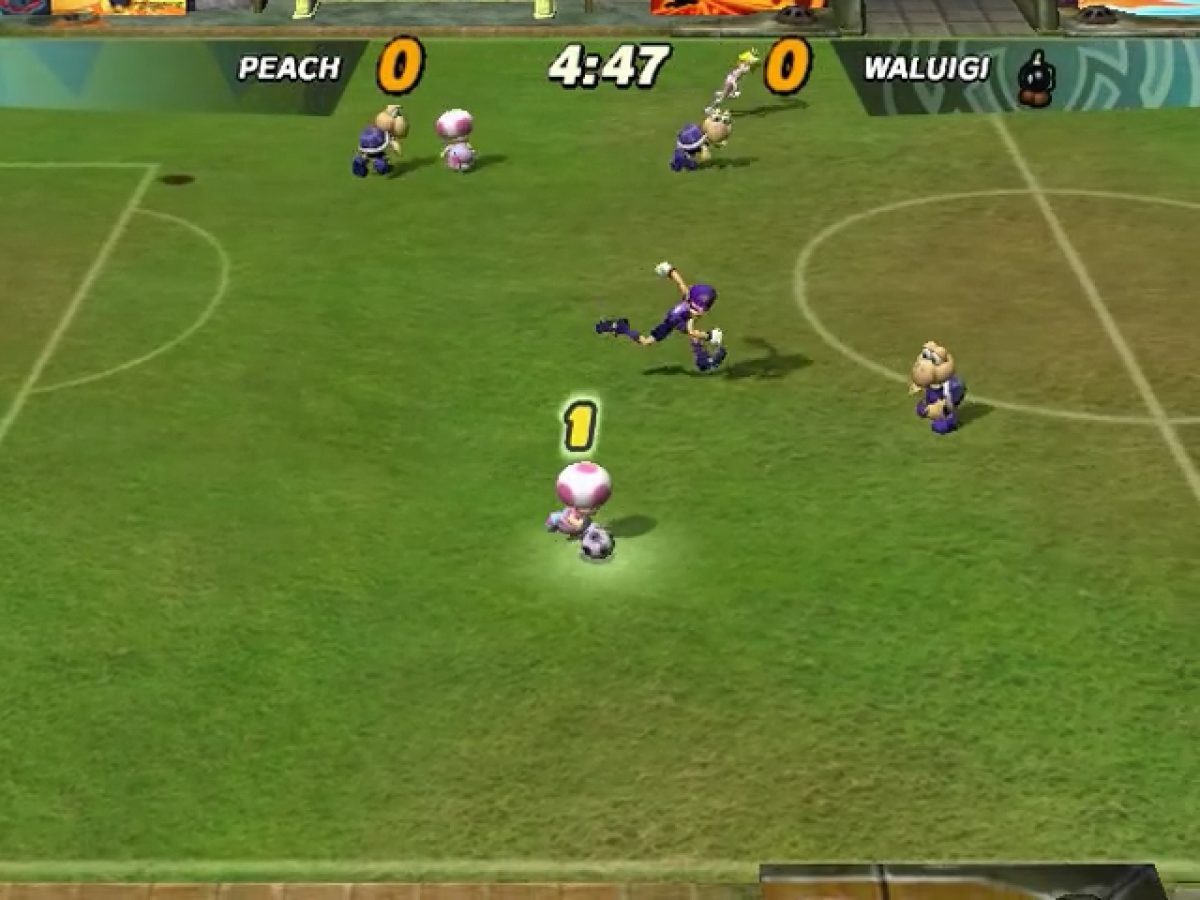 Super Mario Strikers gameplay for GameCube game featuring fast-paced arcade soccer gameplay with classic Nintendo characters