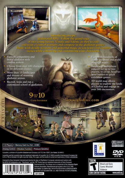 Gladius PlayStation 2 PS2 video game, tactical turn-based RPG, gladiator combat, strategy gameplay, classic console title back cover
