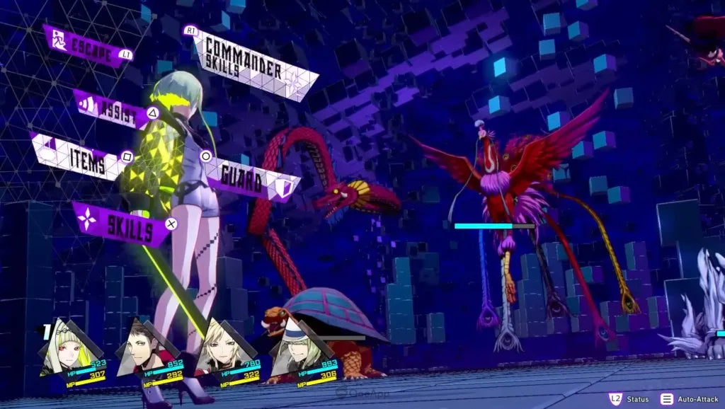 Soul Hackers 2 PlayStation 5 JRPG Atlus cyberpunk setting Ringo protagonist demon summoning turn-based combat party members comp summoning soul matrix dungeons character bonds supernatural thriller gameplay screenshot