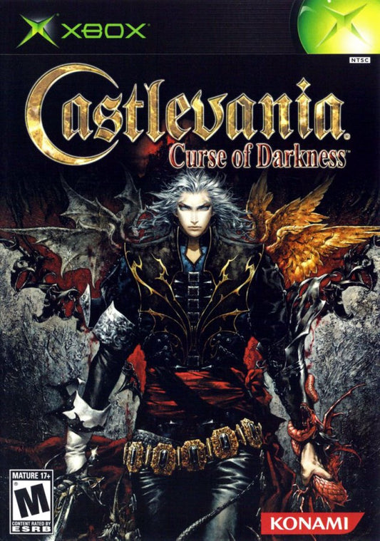 Castlevania Curse of Darkness Xbox game featuring action RPG combat, gothic horror atmosphere, and an epic dark fantasy adventure cover art