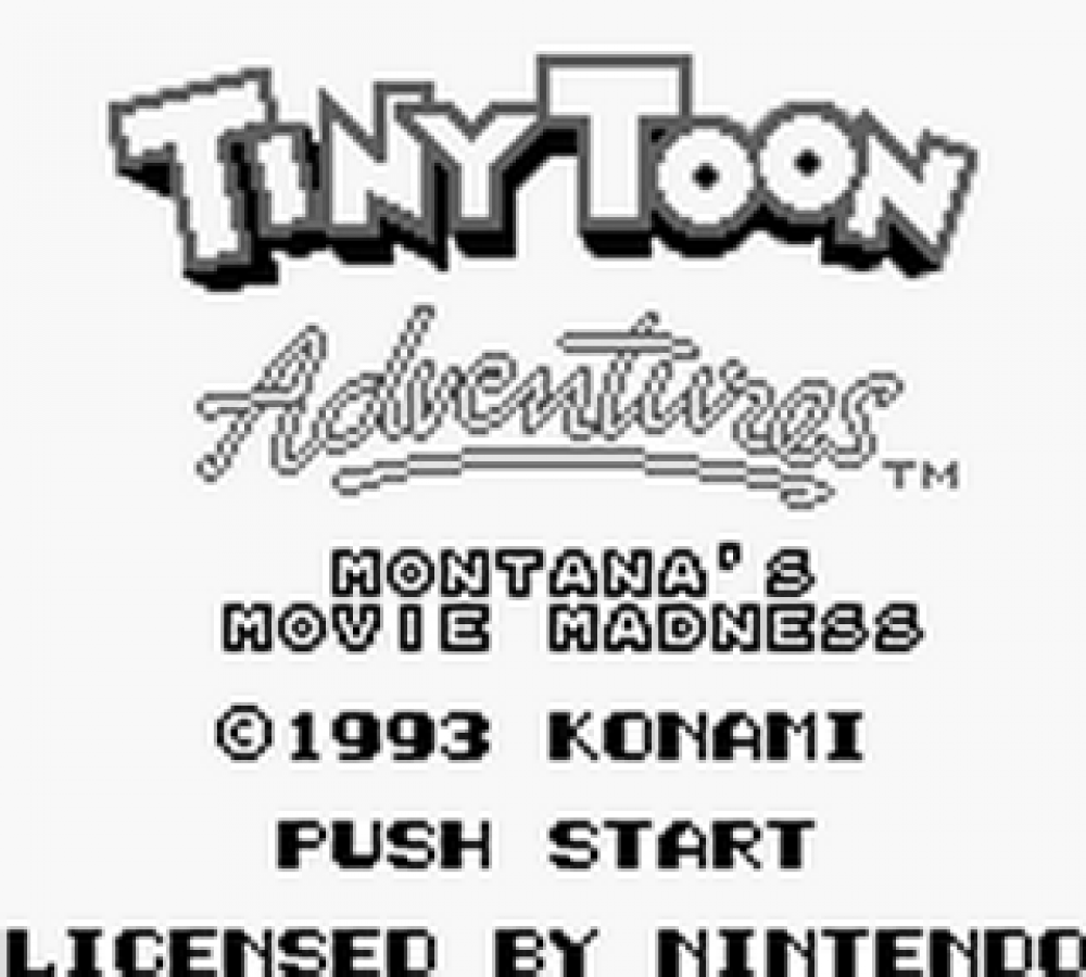 Tiny Toon Adventures 2 Montana's Movie Madness Nintendo Game Boy GB for retro video game enthusiasts featuring side scrolling action platforming gameplay Looney Tunes inspired cartoon characters colorful levels classic handheld adventure challenging platforming stages and collectible gaming appeal start screen