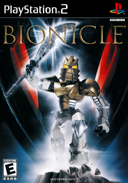 Bionicle PlayStation 2 PS2 video game featuring action adventure gameplay based on LEGO Bionicle robotic characters elemental powers exploration combat challenges puzzle solving and fantasy world adventure PlayStation 2 retro video game collection collectible gaming appeal front cover art