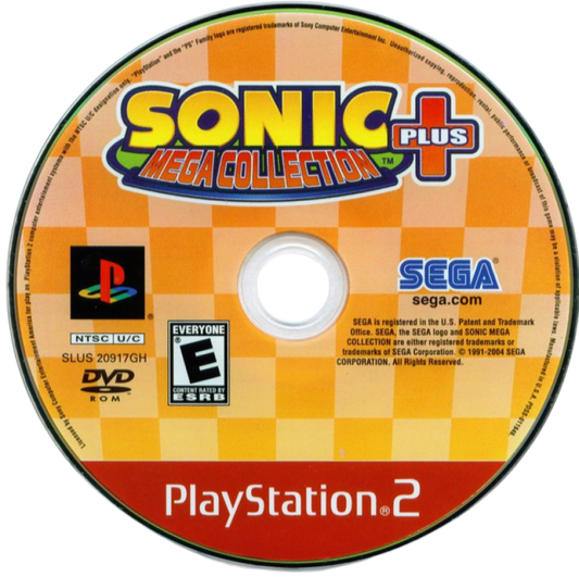 Sonic Mega Collection Plus [Greatest Hits] – PlayStation 2 (PS2) video game disc, platformer and compilation.