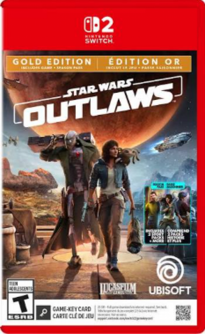 Star Wars Outlaws Nintendo Switch 2 NS2 for action adventure video game fans featuring Kay Vess Nix open world Star Wars exploration crime syndicates blaster combat stealth missions speeder travel space battles gadgets and immersive Nintendo Switch 2 gameplay collectible gaming appeal front cover art