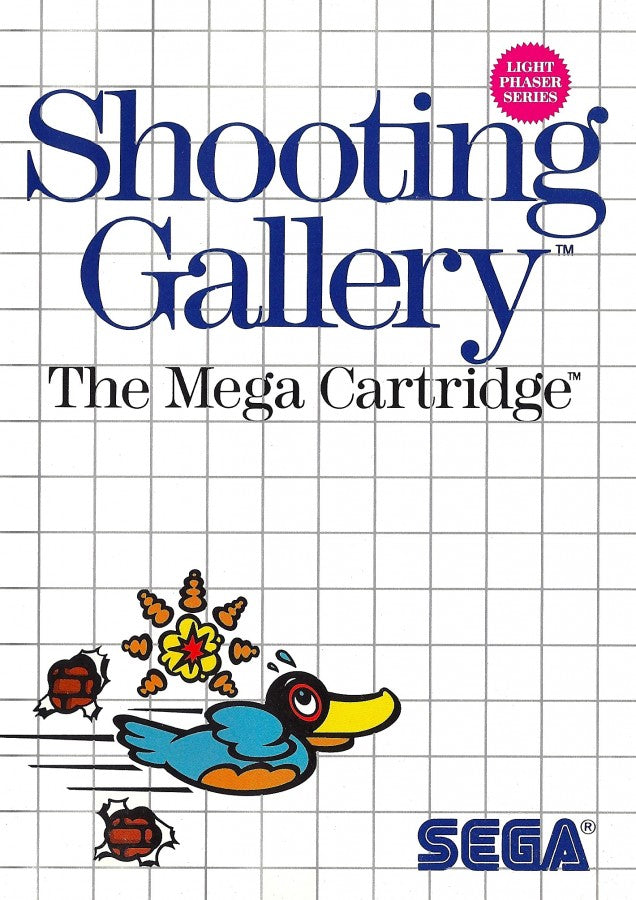 Shooting Gallery Sega Master System SMS for arcade shooting video game fans featuring target shooting gameplay quick reflex challenges colorful targets multiple shooting stages score based action and classic Sega Master System gameplay collectible retro gaming appeal front cover art