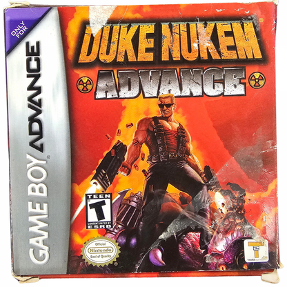 Duke Nukem Advance Game Boy Advance GBA video game Complete In Box CIB featuring first person shooter gameplay action packed combat weapon upgrades enemy battles alien encounters mission based levels Duke Nukem character and classic handheld action retro video game collection collectible gaming appeal front cover art