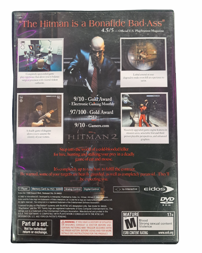Hitman 2 Silent Assassin game for the PlayStation 2 featuring stealth action gameplay with open ended missions disguises and tactical assassinations as Agent 47 across international locations back cover