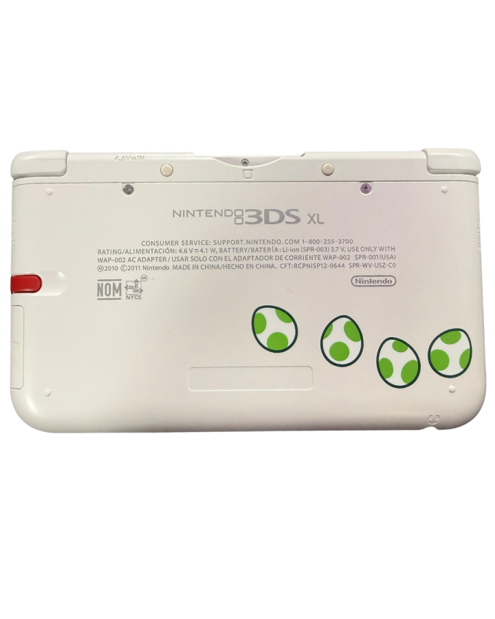 Nintendo 3DS XL Yoshi Special Edition handheld gaming system featuring a white and green Yoshi themed design with large dual screens 3D display and compatibility with Nintendo 3DS and DS games back