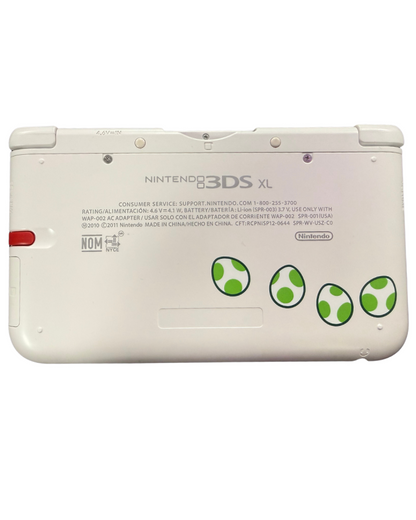 Nintendo 3DS XL Yoshi Special Edition handheld gaming system featuring a white and green Yoshi themed design with large dual screens 3D display and compatibility with Nintendo 3DS and DS games back