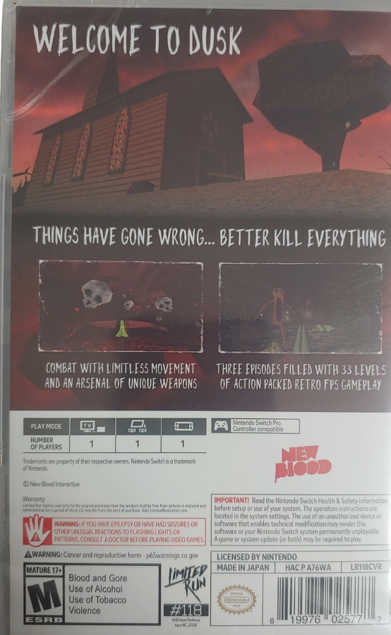 DUSK Nintendo Switch inspired design featuring retro inspired first person shooter aesthetic fast paced combat gothic horror environments relentless enemy encounters classic arena action old school gameplay intensity and atmospheric adventure presentation back cover