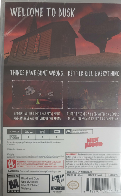 DUSK Nintendo Switch inspired design featuring retro inspired first person shooter aesthetic fast paced combat gothic horror environments relentless enemy encounters classic arena action old school gameplay intensity and atmospheric adventure presentation back cover