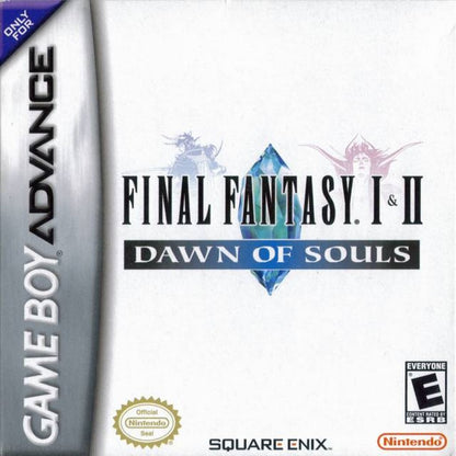 Final Fantasy I & II Dawn of Souls cartridge for the Game Boy Advance featuring classic turn based RPG gameplay with enhanced versions of the original Final Fantasy I and II including updated graphics additional dungeons and quality of life improvements cover art