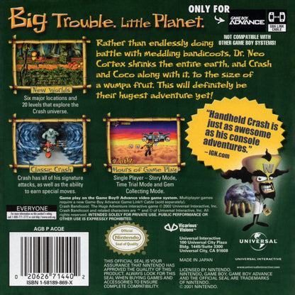 Crash Bandicoot The Huge Adventure – Game Boy Advance: Classic platforming action with Crash racing through colorful levels and collecting iconic power-ups back cover