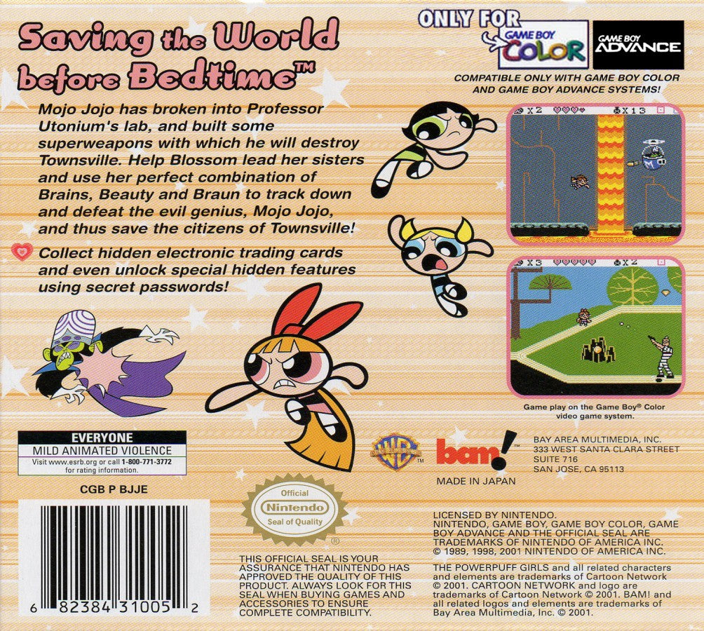 The Powerpuff Girls Bad Mojo Jojo for Game Boy Color, back of case for a platformer action video game with side-scrolling gameplay, character-based abilities, cartoon-style combat, and villain-focused storyline