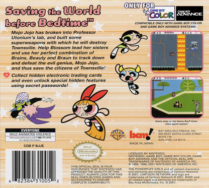 The Powerpuff Girls Bad Mojo Jojo for Game Boy Color, back of case for a platformer action video game with side-scrolling gameplay, character-based abilities, cartoon-style combat, and villain-focused storyline