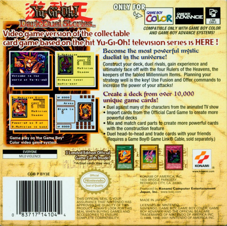 Yu-Gi-Oh Dark Duel Stories Game Boy Color GBC back of case for retro video game enthusiasts featuring trading card battle gameplay strategic deck building turn based dueling mechanics anime inspired monster summoning fantasy combat systems and collectible gaming appeal