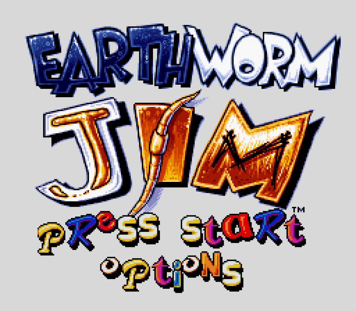 Earthworm Jim cartridge for the Super Nintendo Entertainment System featuring 16 bit side scrolling platformer action with quirky humor weapon based combat and vibrant cartoon style levels as Earthworm Jim battles enemies to save the galaxy gameplay 